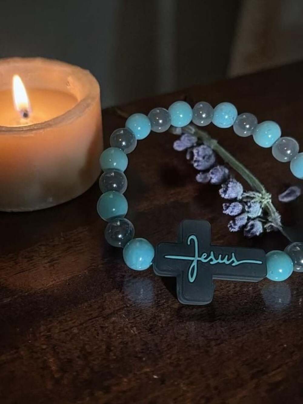 Jesus Cross Bracelet Turquoise Black Hematite - Picture 2 of 2